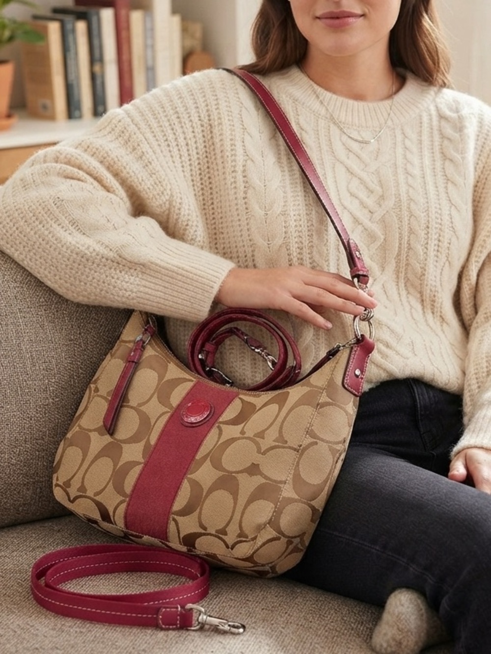 Coach Signature Khaki & Berry Red Canvas Hobo Shoulder Bag with Crossbody Strap